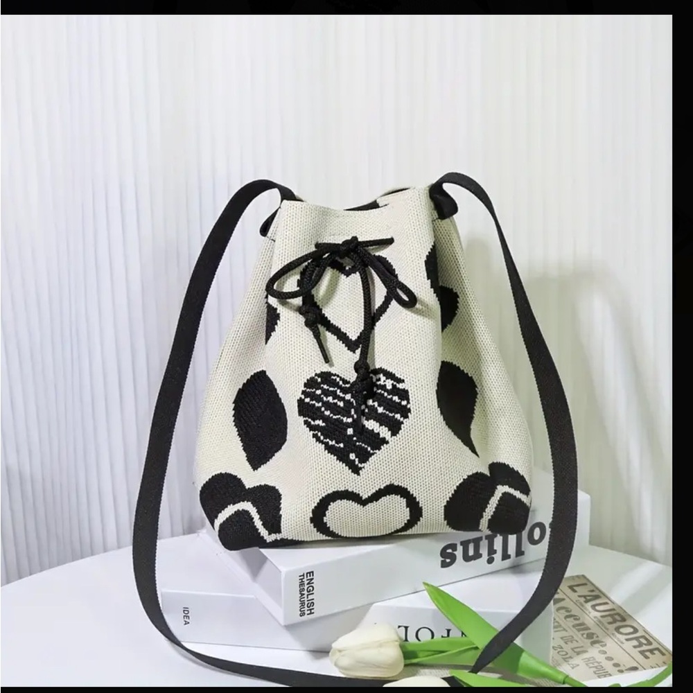Mini Classic Heart Pattern Bucket Bag, Drawstring Shoulder Bag